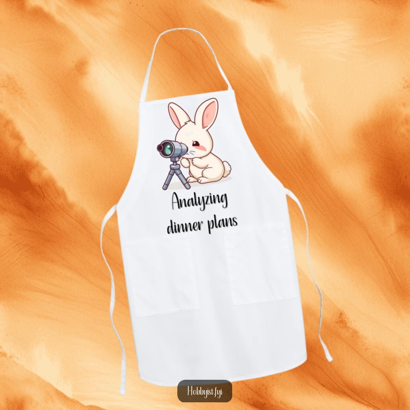 Funny apron with a curious rabbit meticulously examining a miniature telescope, ideal for kitchen explorations and stargazing nights.