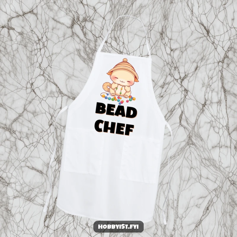 Funny Focused Creature Apron: a creature with a small hat carefully threading colorful beads onto a delicate string, ideal for crafting, a funny gift.