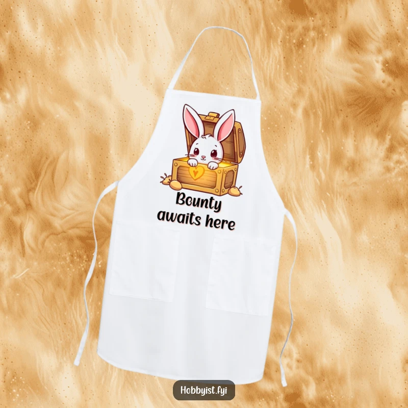 Funny Rabbit character exploring a glowing treasure chest, perfect for a humorous and functional kitchen apron.