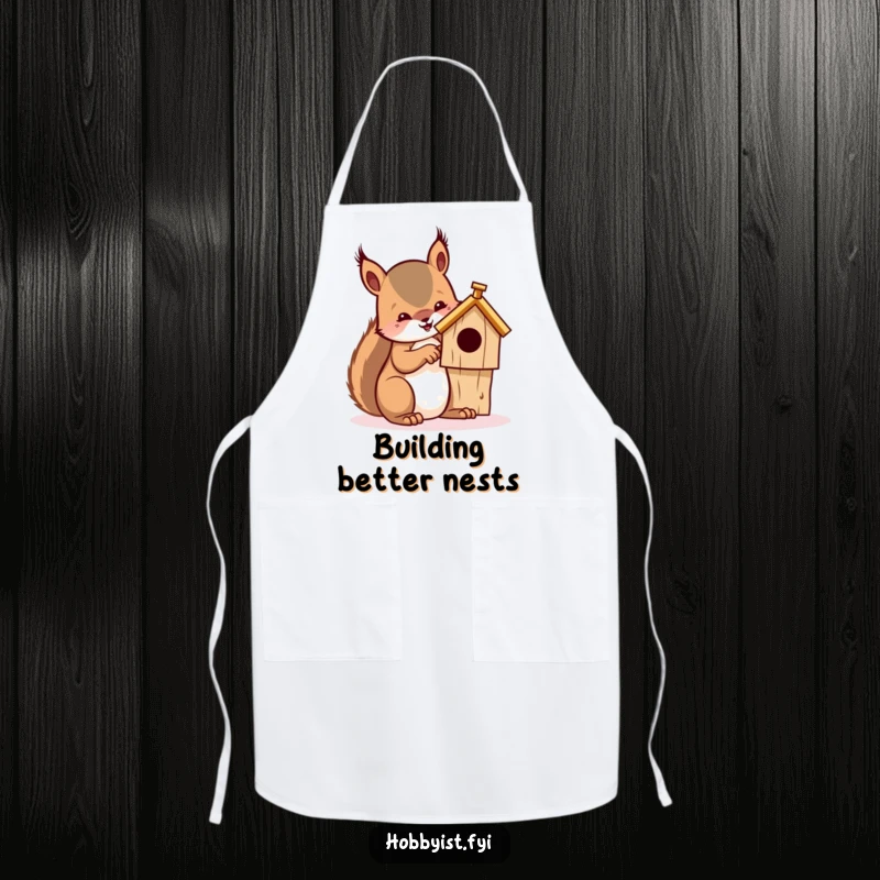 Funny apron with a squirrel focused on whittling a small wooden birdhouse, designed for crafters who love to get their hands dirty.
