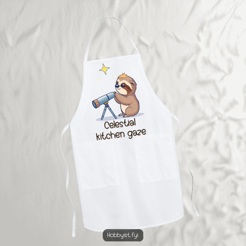 Funny Sloth Telescope Star Apron, a curious sloth peering through a telescope at a twinkling star, a fun kitchen accessory.