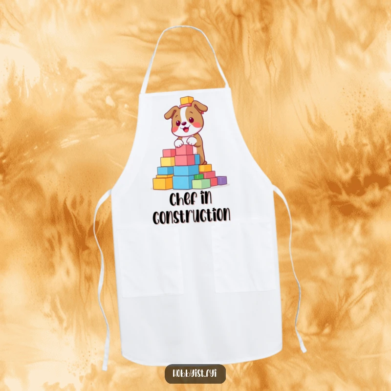 Funny, playful dog building a towering structure with colorful blocks, depicted on a chef's apron, bringing playful humor to cooking.