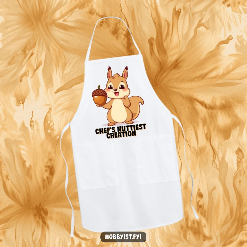 Funny apron featuring a cheerful squirrel proudly presenting a perfectly crafted acorn sculpture, perfect for artists and crafters.