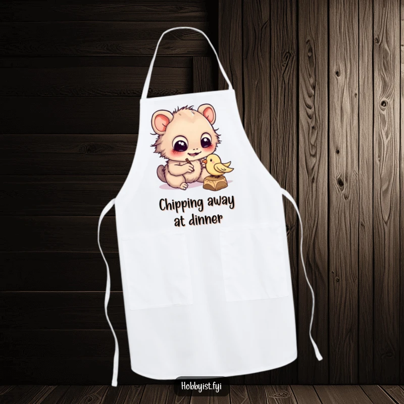Funny cheerful creature with large eyes diligently carving a tiny wooden bird, on a practical artisan's apron.