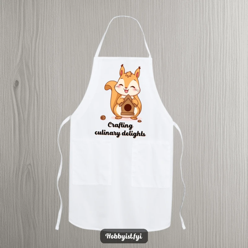 Funny apron depicting a happy squirrel skillfully building a miniature birdhouse, evoking a sense of kitchen creativity.