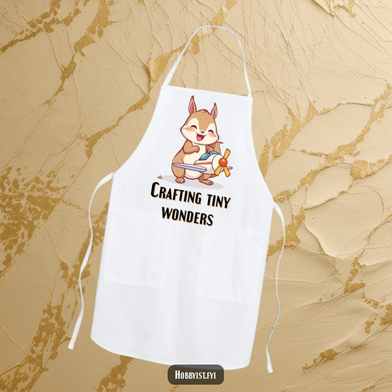 Funny Apron showing a joyful kawaii squirrel happily assembling a tiny model airplane, perfect for keeping clean while building.