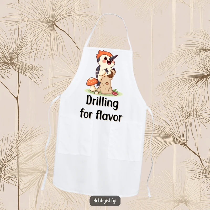 Funny apron with a joyful woodpecker drilling a tiny hole into a mushroom, ideal for kitchen creativity and outdoor excursions.