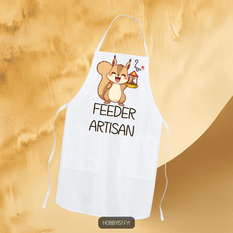 Funny joyful squirrel holding a bird feeder, on a kitchen apron, adding humorous celebration to crafting for gifts.