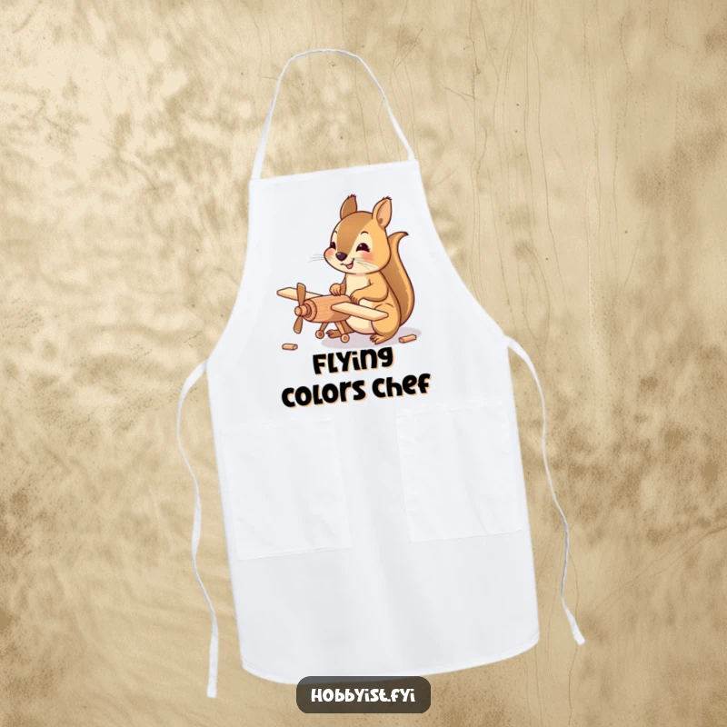 Funny Apron featuring a happy squirrel meticulously assembling a small wooden model airplane, designed to keep hobbyists clean and inspired.