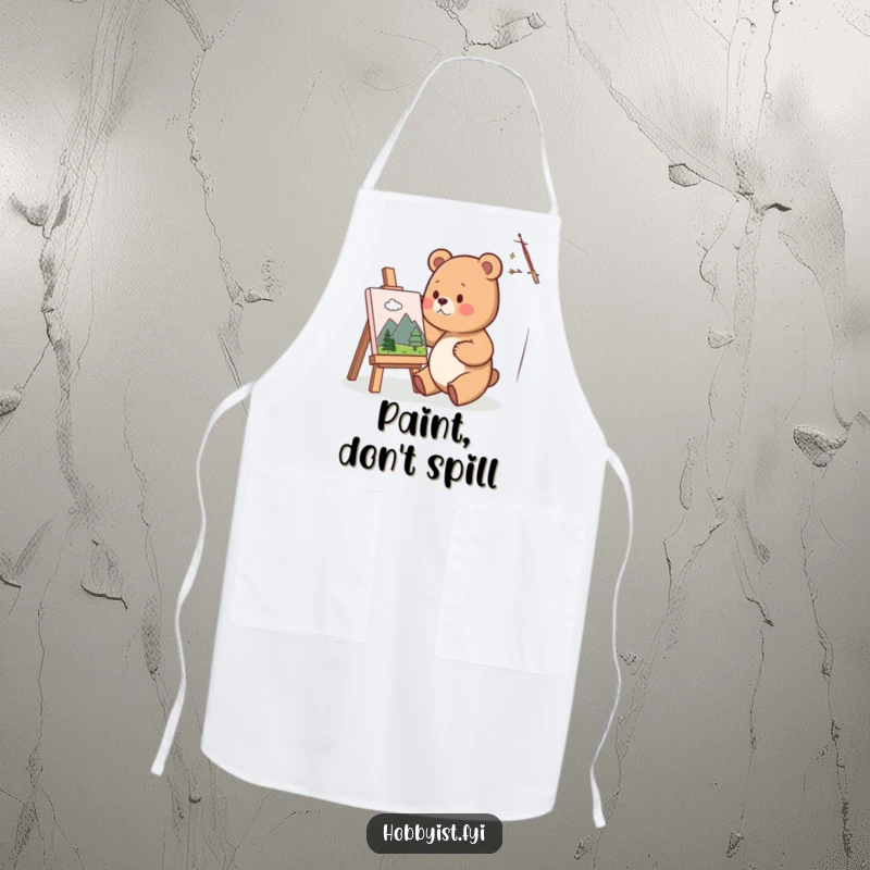 Funny Apron featuring a cute bear artist happily painting a miniature landscape on a small canvas, designed to protect and inspire creatively.