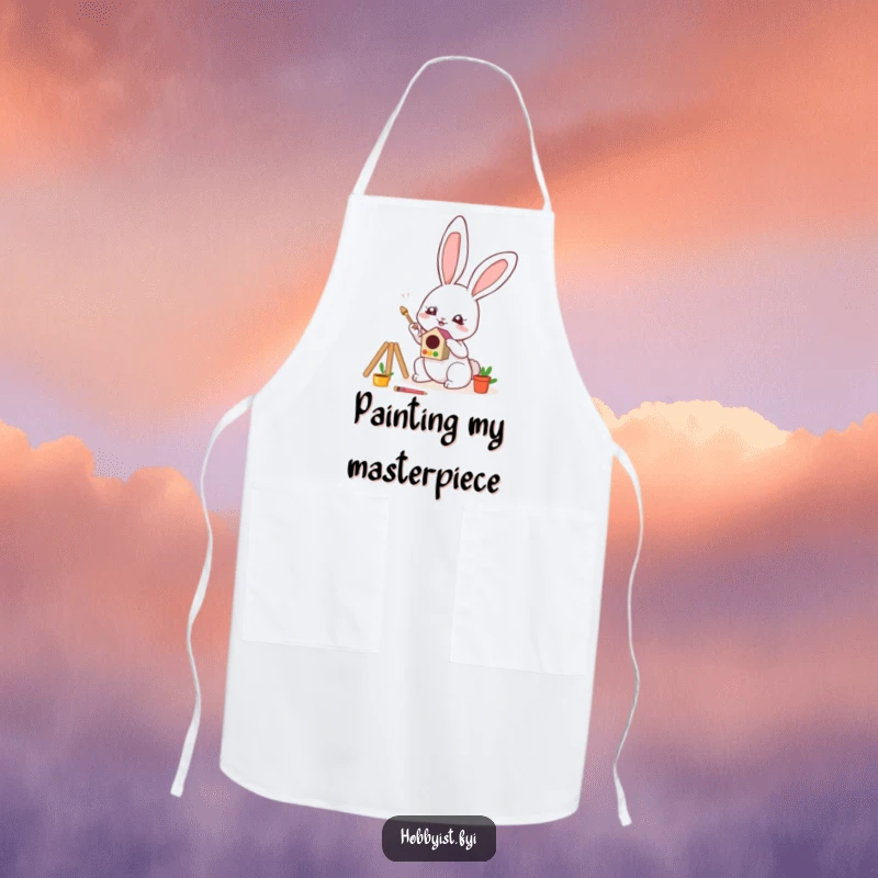 Funny Apron showing a cute kawaii bunny artist enthusiastically painting a tiny, colorful birdhouse, keeping messes at bay with style.
