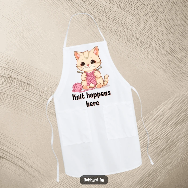 Funny apron for crafters featuring a curious cat playing with knitting needles and yarn, a ball of wool bouncing, protecting from yarn messes.