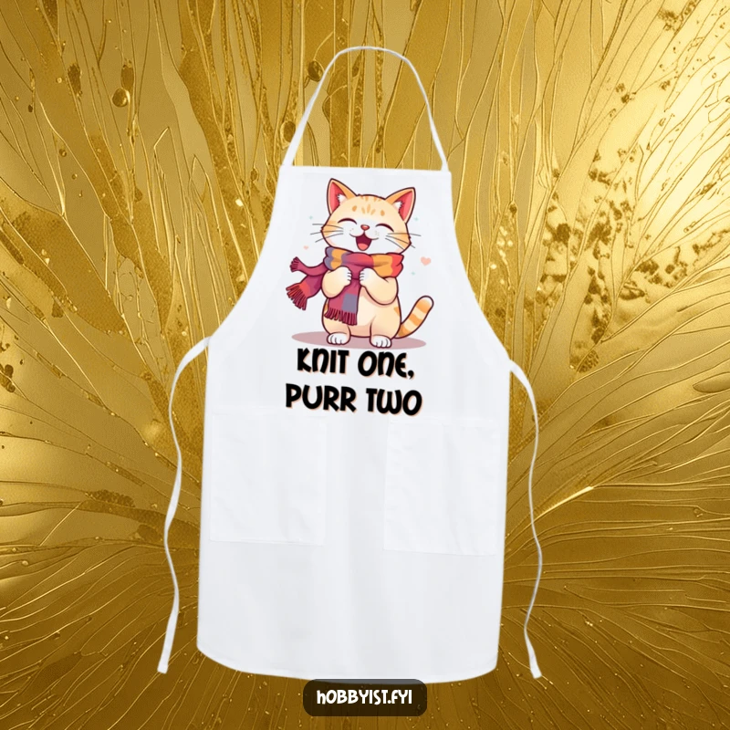 Funny Cat Knitting Apron: A happy cat energetically knits a colorful scarf, bringing humor and protection to crafters.