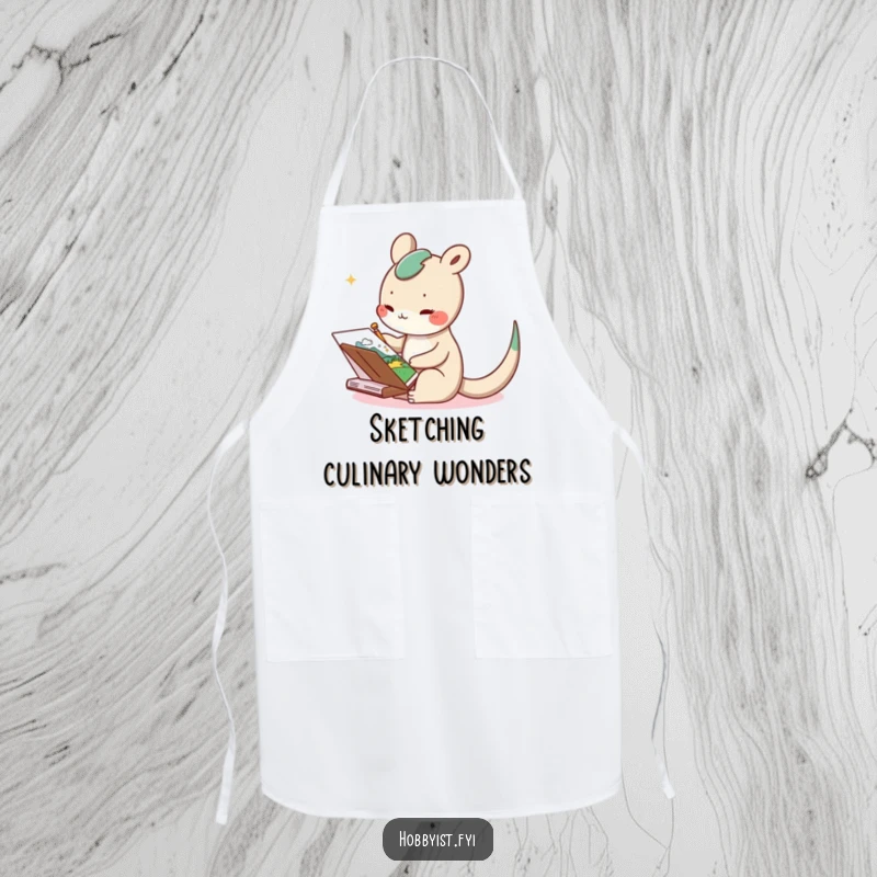 Funny apron showing a delighted long-tailed creature sketching a whimsical landscape, perfect for a creative cook