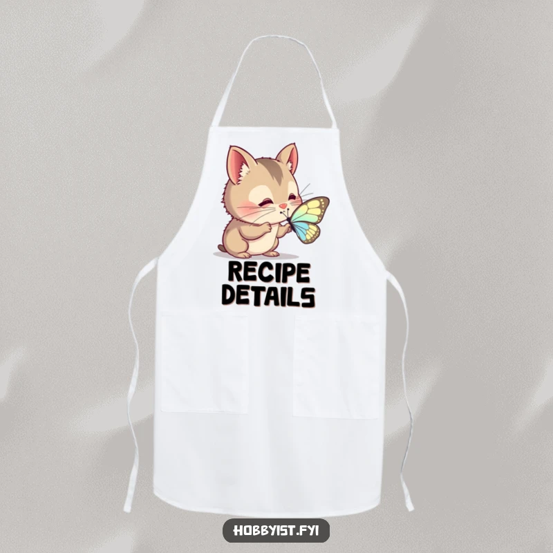 Funny Apron: A curious creature with twitching whiskers intently examines a delicate butterfly wing, bringing a touch of scientific humor to cooking.