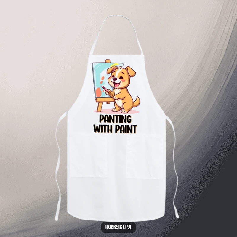 Funny Dog Artist Apron: A cheerful dog joyfully paints a vibrant canvas with broad strokes, bringing humor to painting sessions.
