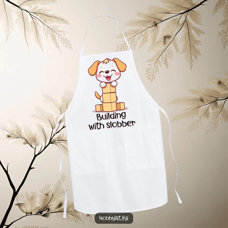 Funny dog block tower apron featuring a happy dog balancing wooden blocks, perfect for kitchen activities or general wear with a humorous theme.