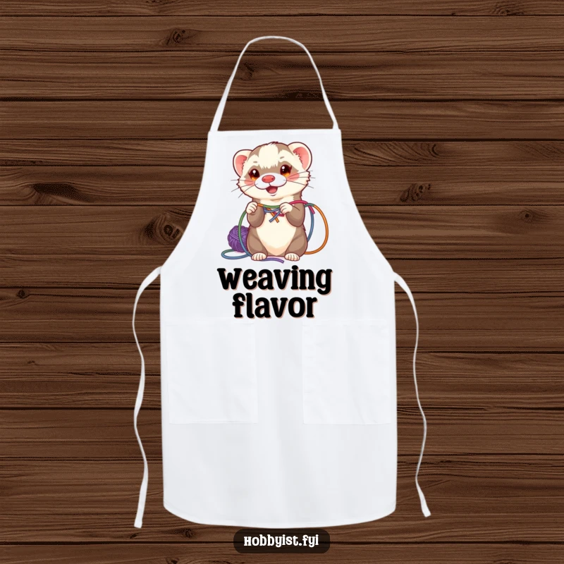 Funny ferret weaving colorful yarn while wearing a chef's hat, printed on a functional apron, a cute kitchen item.