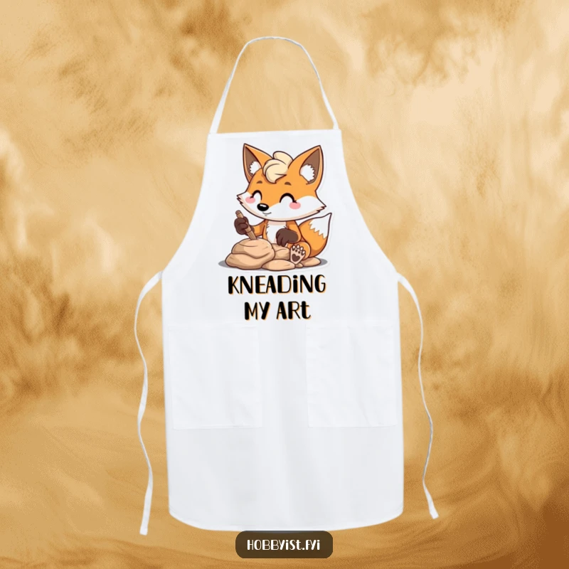 Funny mischievous fox sculpting clay with focus, on a kitchen apron, adding artistic humor to crafting for gifts.