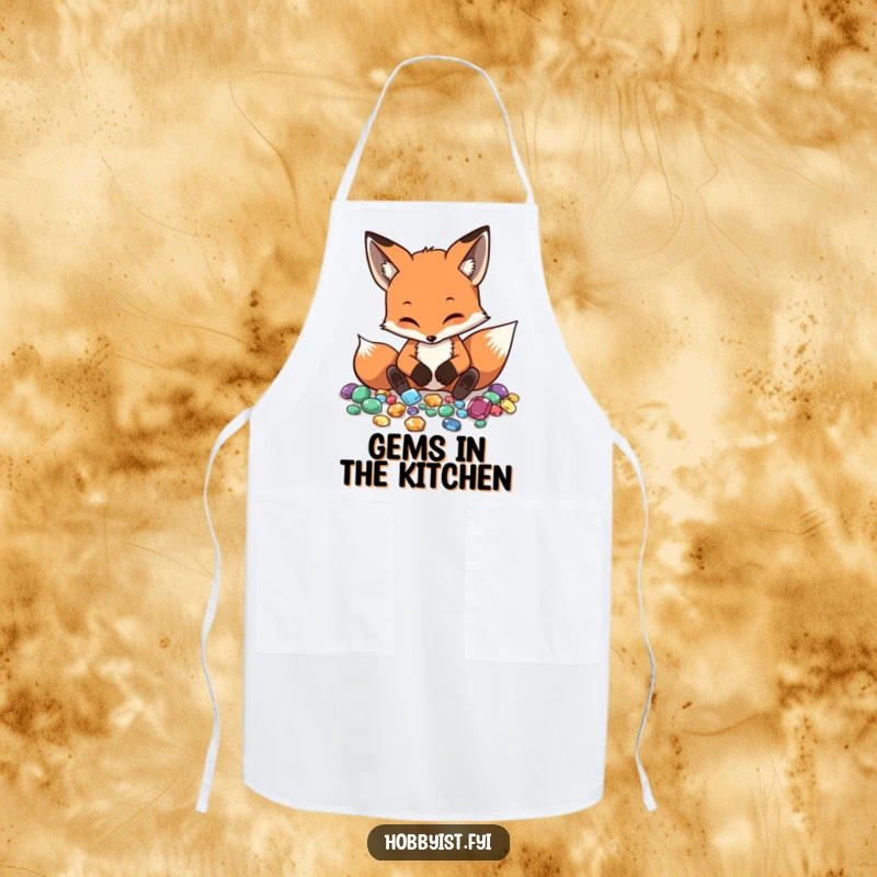 Funny Fox Apron features a diligent fox meticulously arranging gemstones, perfect for crafting or kitchen precision with humor.