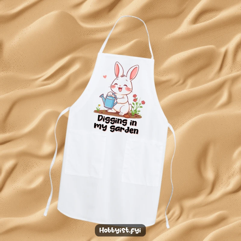 Funny gardening rabbit apron featuring a joyful bunny with a watering can, ideal for keeping clothes clean during cooking or gardening with humor.