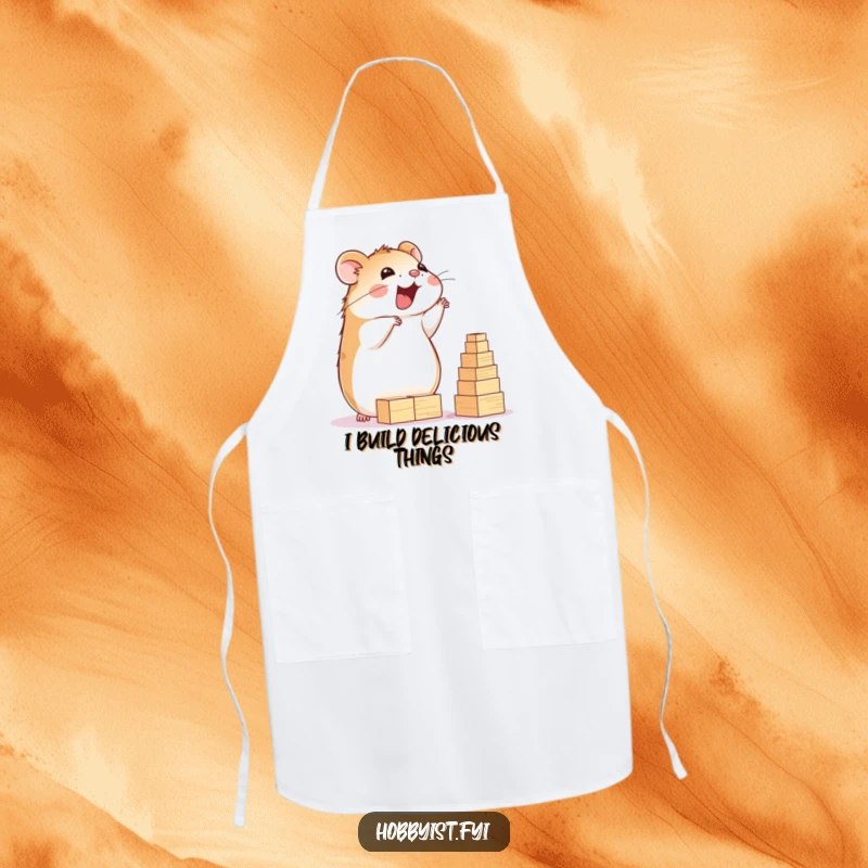 Funny Hamster Apron: A delighted hamster happily builds a towering structure of tiny wooden blocks, keeping the builder neat, a fun funny gift.