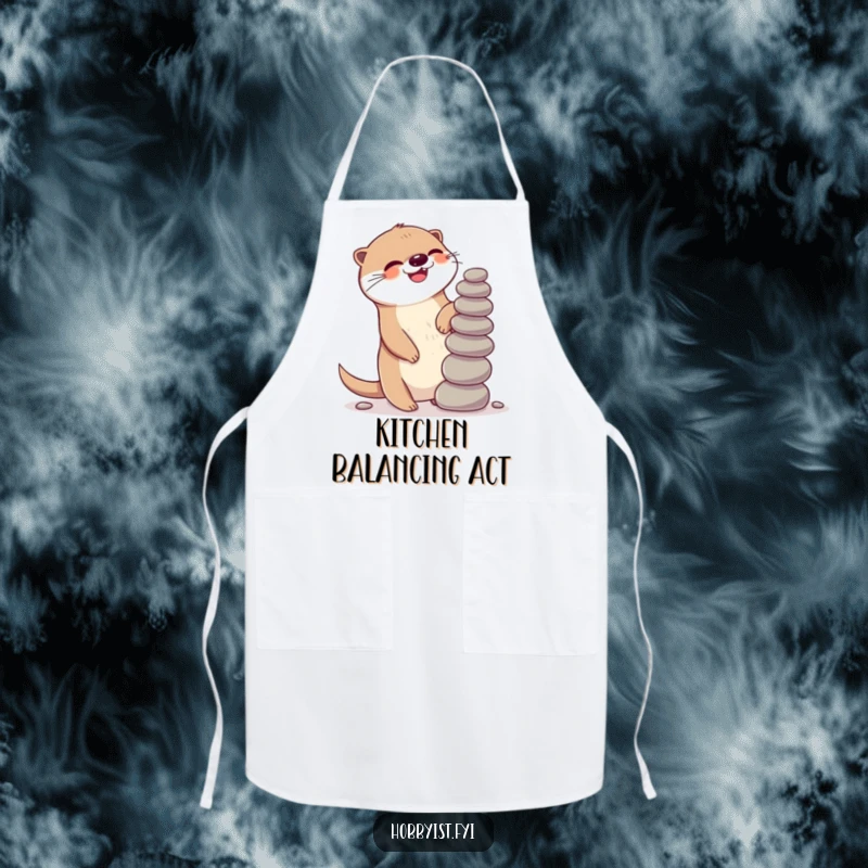 Funny Kawaii otter apron, showing a giggling otter gleefully balancing pebbles, perfect for a fun and functional kitchen accessory.