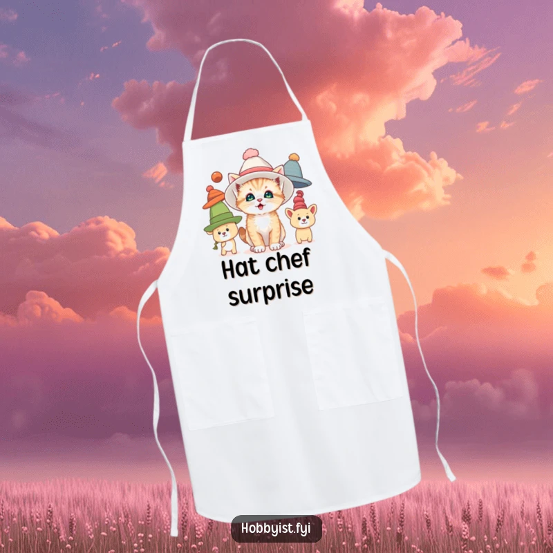 Funny apron showing a curious kitten trying on oversized hats with delight, adding humorous feline fashion to cooking.