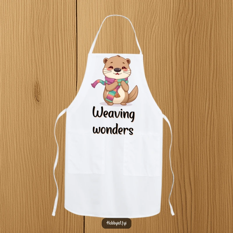 Funny Knitting Otter Apron, a cheerful otter intently knitting a long, colorful scarf, practical for crafting.