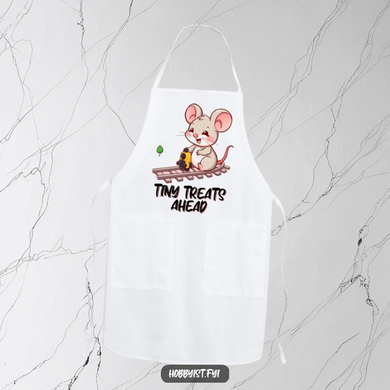 Funny mouse character dressed as a mechanic, happily working on a miniature train track setup on this humorous kitchen apron.