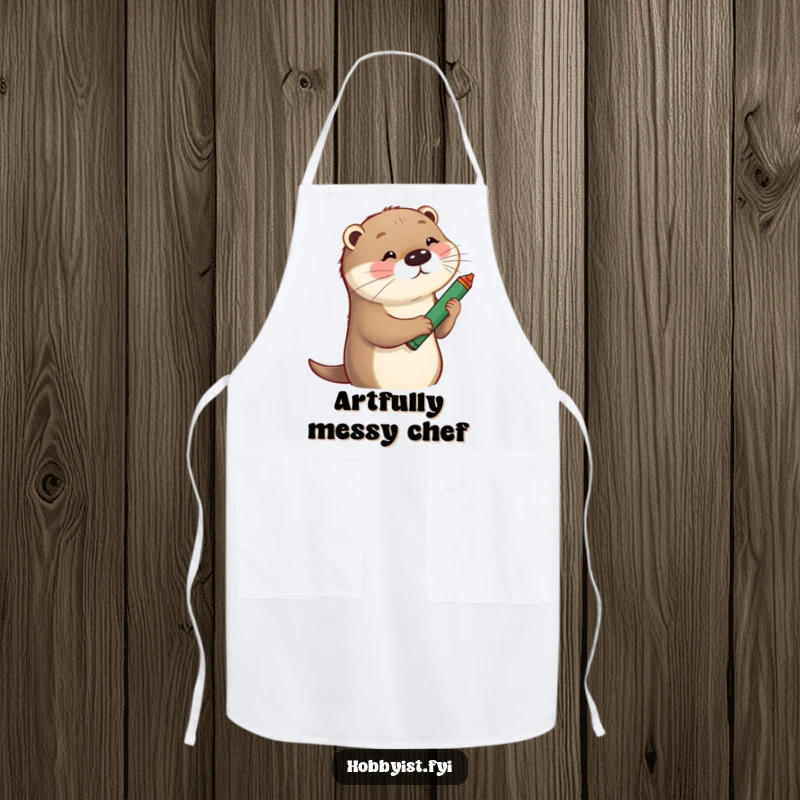 Funny Apron showing a playful otter sketching a whimsical portrait with a large crayon, ideal for messy fun.