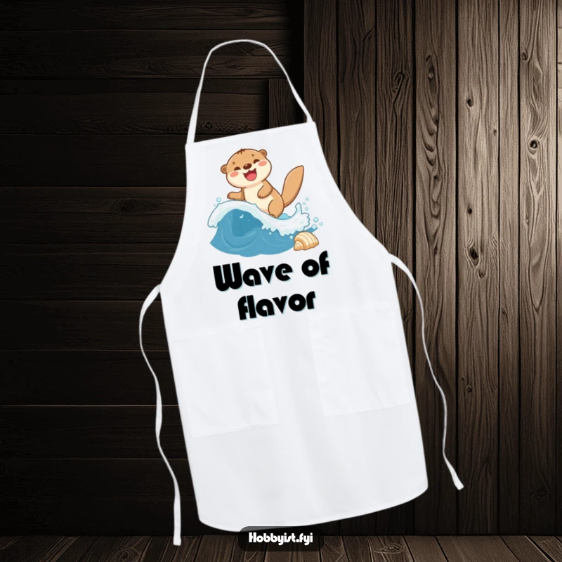 Funny Otter Apron features a giggling otter riding a miniature wave towards a seashell, perfect for kitchen fun.