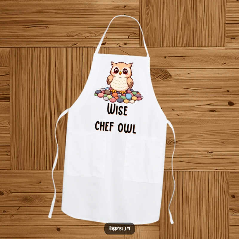 Funny apron showing a cheerful owl carefully arranging colorful pebbles into a mosaic, adding artistic humor to cooking.