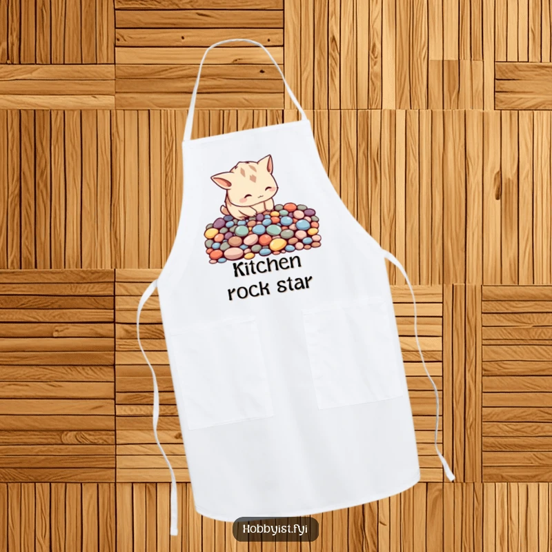 Funny curious creature with pointy ears meticulously arranging colorful pebbles into a pattern, on a practical artisan's apron.
