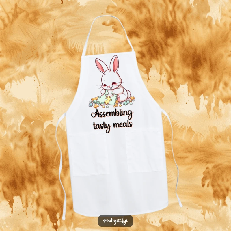 Funny Rabbit Puzzle Solver Apron: A delighted rabbit meticulously assembles a complex puzzle with intense focus, bringing humor to detail-oriented tasks.