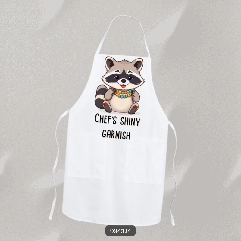 Funny Raccoon Bead Necklace Apron, a giggling raccoon expertly arranging colorful beads for a necklace while cooking or crafting.