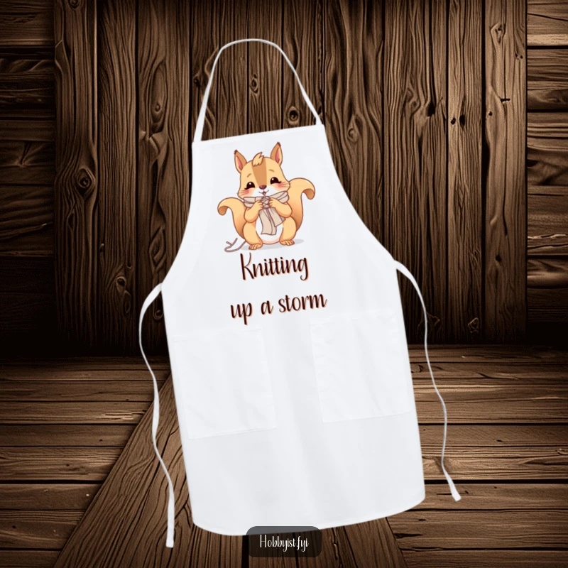Funny apron with a cheerful squirrel knitting a tiny scarf, designed for crafting sessions and keeping clothes clean.
