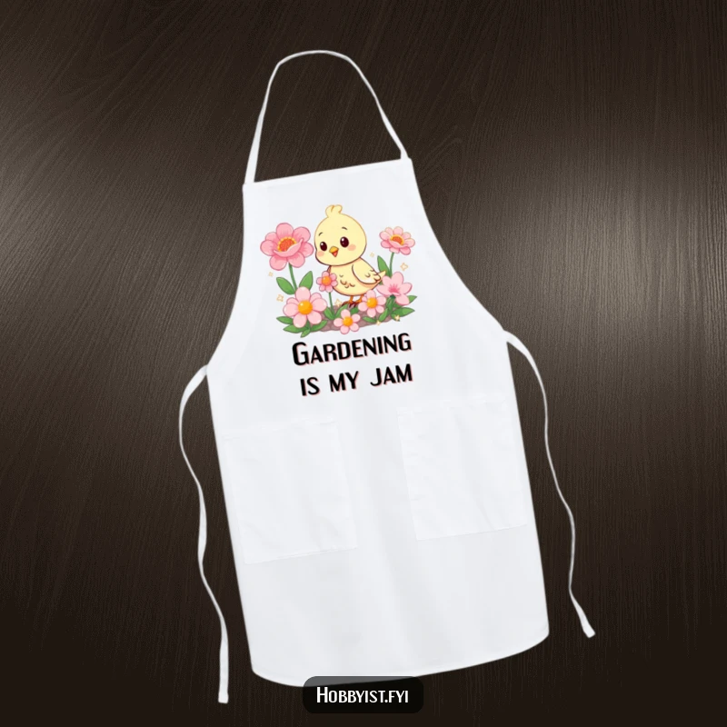 Funny happy bird tending oversized, sparkling flowers, perfect for a humorous and functional kitchen apron.