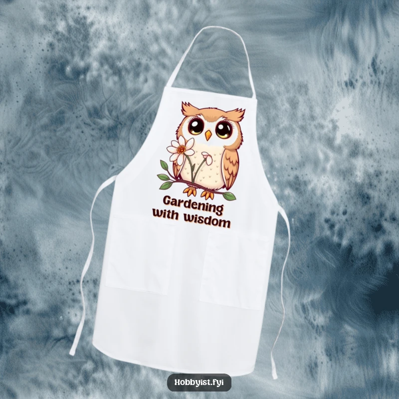 Funny Kawaii owl apron, showing enchanting eyes, curiously examining a flower, perfect for a cute and functional kitchen accessory.