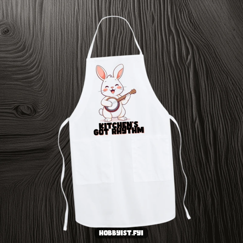 Funny apron showing a happy bunny passionately playing a small banjo, adding musical fun to kitchen tasks.