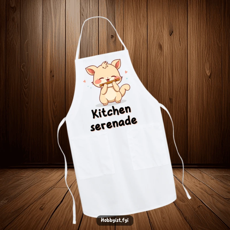 Funny Apron: A playful creature with a wagging tail enthusiastically plays a miniature flute, bringing musical joy to cooking.