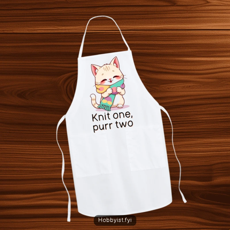 Funny cat apron featuring a giggling cat engrossed in knitting a long, multi-colored scarf, perfect for crafters.