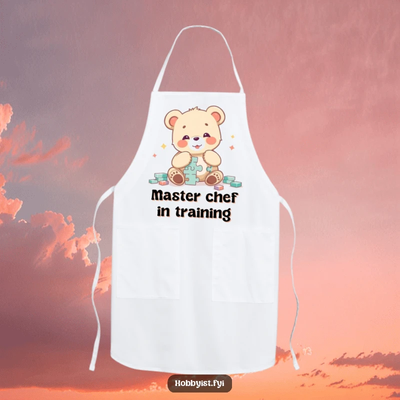 Funny bear cub character joyfully assembling a complex puzzle while wearing a chef's hat on this humorous kitchen apron.