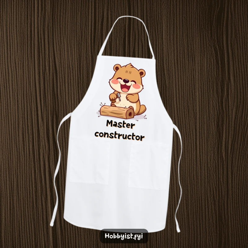 Funny Kawaii beaver apron, showing an excited beaver hammering tiny nails into a miniature wooden structure, practical and cute.