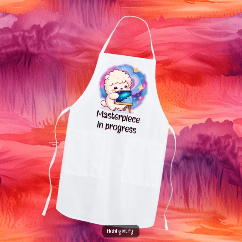 Funny fluffy creature painting a vibrant swirling galaxy on a small canvas, on a practical artist's apron.