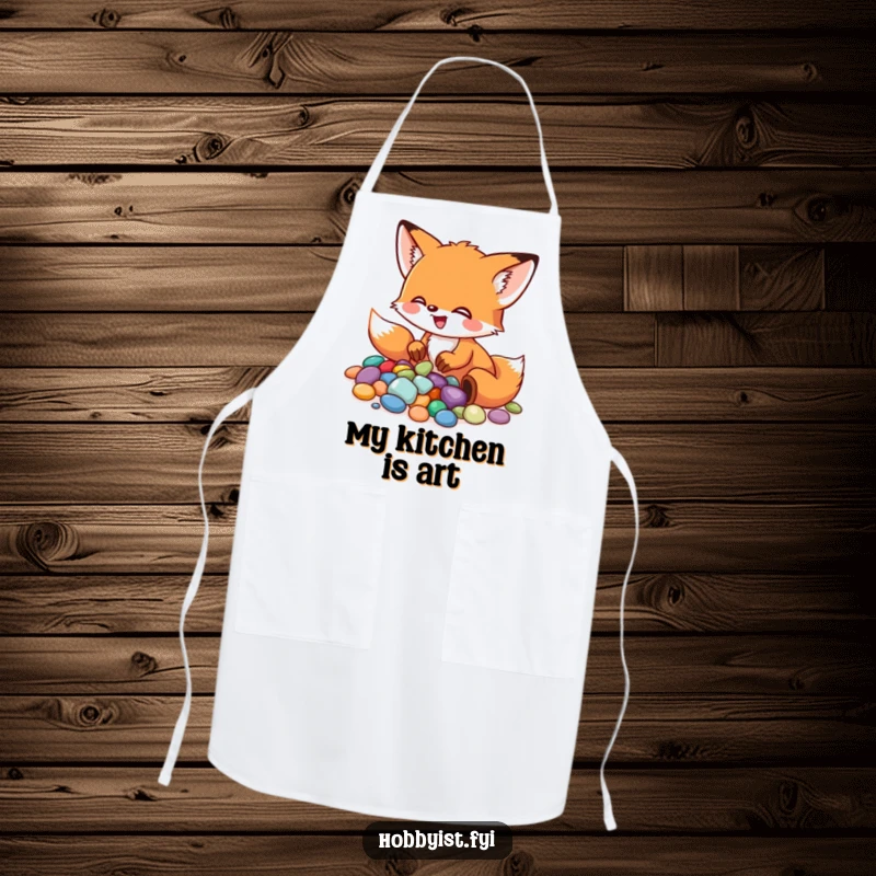 Funny Fox Apron: A little fox excitedly arranges colorful pebbles into a mosaic, keeping the artist neat while creating, a fun funny gift.