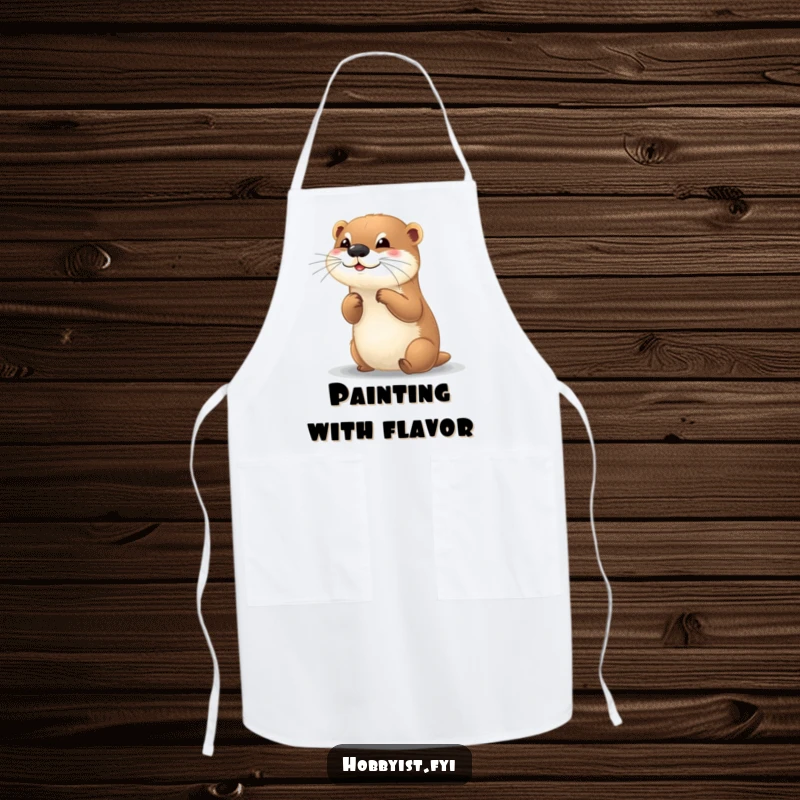 Funny apron showing a playful otter painting a small, colorful picture, designed for artistic protection.