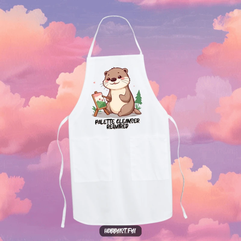 Funny Apron showing a cheerful otter meticulously painting a tiny landscape, perfect for messy artistic endeavors.
