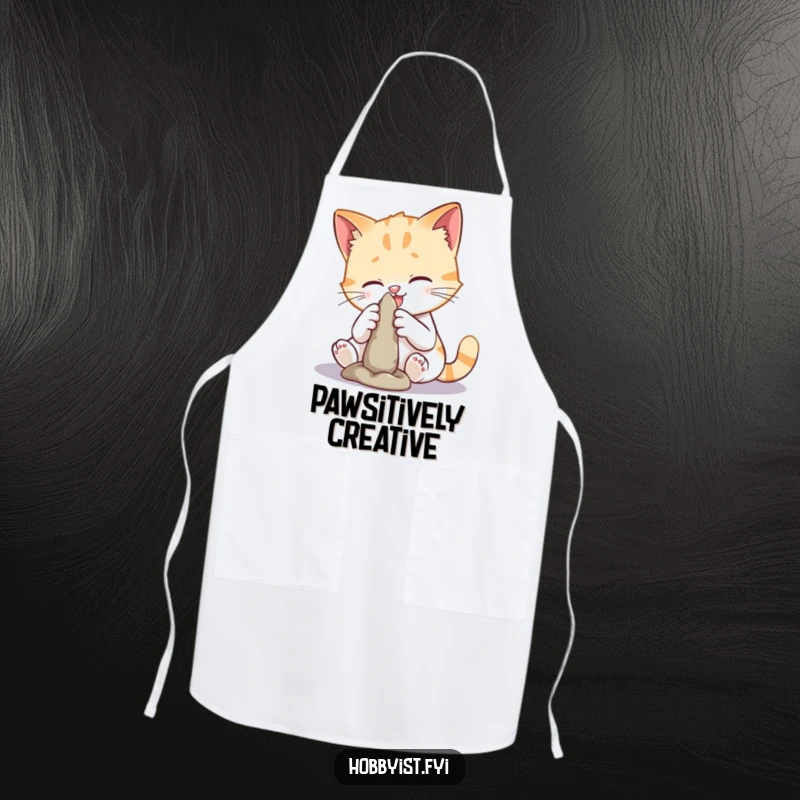 Funny cat sculpting apron featuring a playful cat molding clay, perfect for kitchen activities or general wear with a humorous artistic theme.