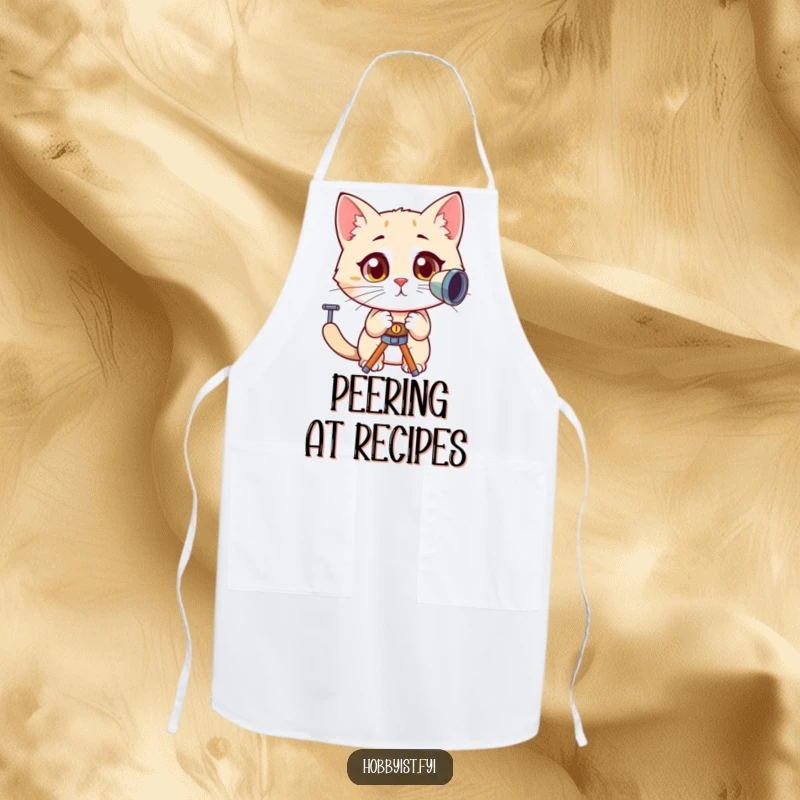 Funny, curious cat with wide, amazed eyes looking through a telescope, depicted on a chef's apron, bringing cosmic humor to cooking.